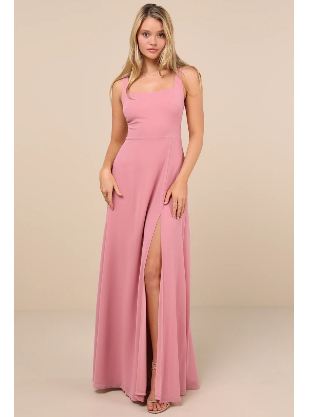 Lulus Remarkable Arrival Dusty Rose Sleeveless Square Neck Chiffon Maxi Dress S